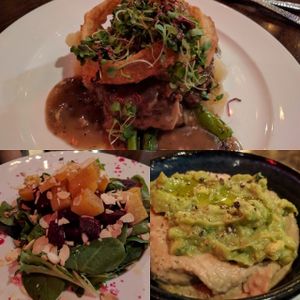 Avacado and jalapeño hummus, citrus beet salad and the salsbury steak. at V-Eats in Dallas