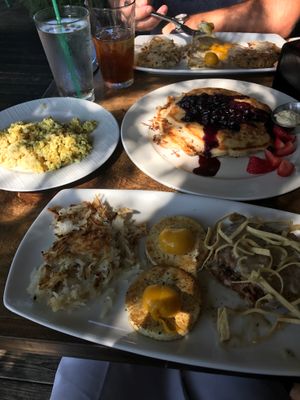 Chicken Fried Steak and Fruit Pancakes with tofu scramble.  at V-Eats in Dallas