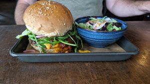 Impossible chilli cheese burger with broccoli salad. at V-Eats in Dallas