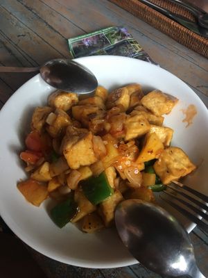 Sweet and sour tofu so so yum at Veggie Karma in Ubud