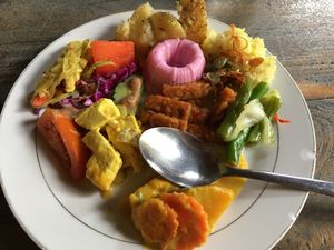 Vegan buffet items at Veggie Karma in Ubud