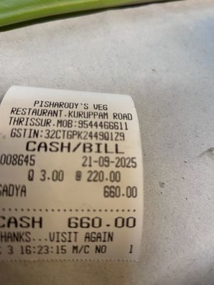Bill for 3 persons  at Pisharody's in Thrissur