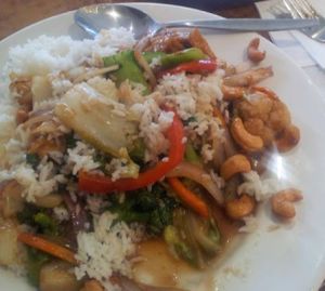 Lovely veggie stir fry and garlic roti at Veg out Time St. Kilda at Veggie Time - Veg Out Time in St Kilda
