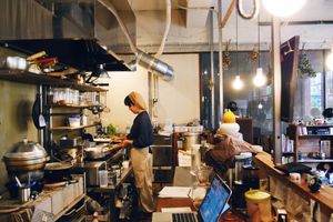 Wide shot of kitchen space at Yama-Shoku-On - Plant Lab in Kyoto