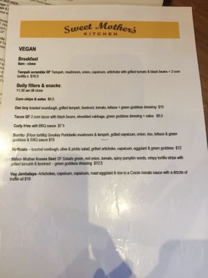 Vegan menu at Sweet Mother's Kitchen in Wellington
