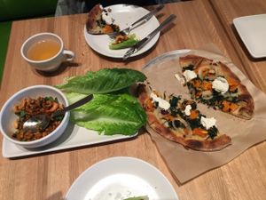 1) Shiitake Lettuce Cups: tofu, jicama, sambal, thai basil, cashew
2) Butternut Squash Pizza: smoked onion, organic kale, vegan almond ricotta, dried cranberry at True Food Kitchen in Walnut Creek