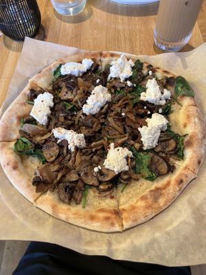 Spinach and Mushroom Sourdough Pizza with vegan lemon ricotta  at True Food Kitchen in Walnut Creek
