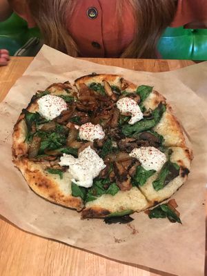 Vegan almond ricotta, spinach and mushroom pizza at True Food Kitchen in Walnut Creek