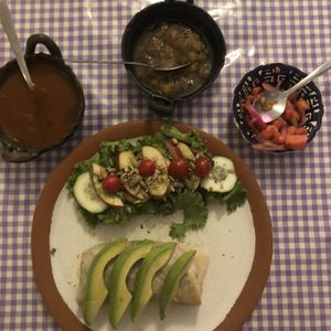 Vegan burrito with potatoes/spinach and mushrooms instead of cheese! at Cabuche in Oaxaca