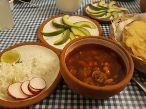 Small pozole (mushrooms) for 75$ with an extra avocado slices for 40$ #pozole #Mexico #soup #maíz #champiñones at Cabuche in Oaxaca
