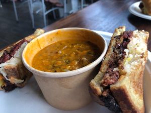 Philadelphia Ruben and Energy soup 😋😋 at LUHV Vegan Bistro in Hatboro