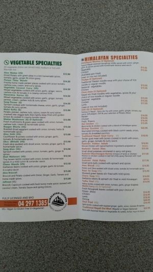 Part of the Menu at Himalayan Kitchen in Paraparaumu