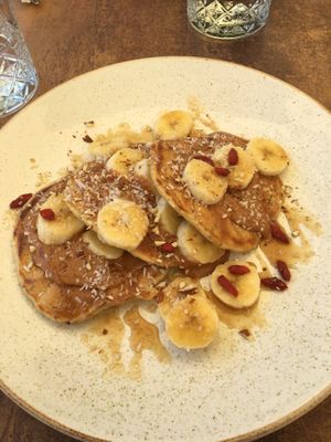 Peanut butter, maple syrup and banana pancakes  at Superfood Smoothie Bar in Split