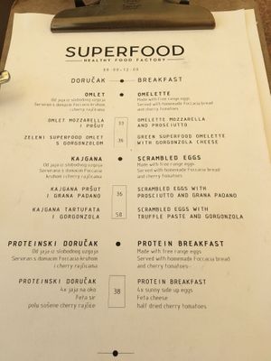Breakfast menu at Superfood Smoothie Bar in Split