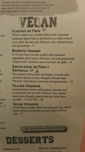 vegan menu at Blue Agave in Gainesville