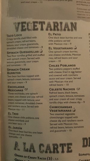 vegetarian menu at Blue Agave in Gainesville