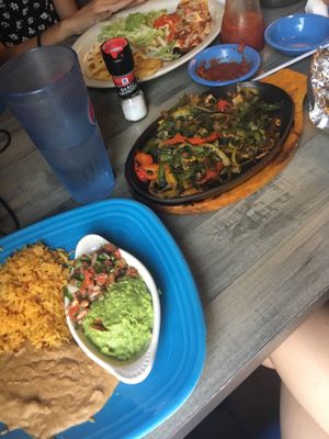 Vegan fajitas with mexican rice and refried beans  at Blue Agave in Gainesville