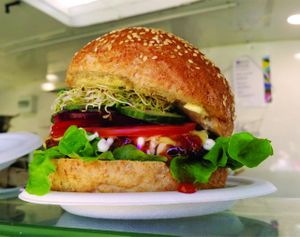 Vegan Gourmet Burger. The perfect blend of salads, sauces and a tasty patty, even has the meat eaters raving about it! at Krishnas Kitchen in Mareeba Shire