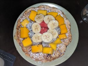 Vegan (banana) waffle with fruit at Tree Hugger in Dong Hoi