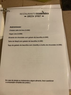 The dessert menu  at Escandinavia Green Spirit in Fuseta