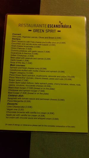 Menu at Escandinavia Green Spirit in Fuseta