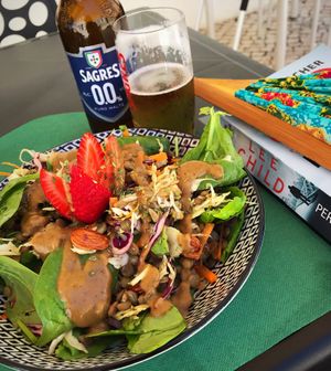 Vegano salad, 0% beer, a fan and a food book! at Escandinavia Green Spirit in Fuseta
