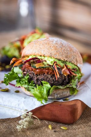 The favorite for vegans and meat-eaters also... "La Pipa"
Black bean burger w/ homemade BBQ sauce, our green mayo, few veggies, caramelized onions and mushrooms and so so so so much love. at Mundo Elefante in Pucon