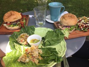 Lentil burger, black bean burger, and gfree quinoa collard wraps with guacamole  at Mundo Elefante in Pucon