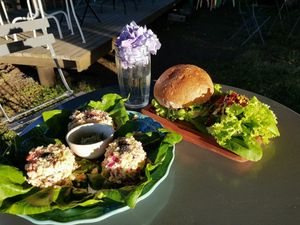 vegan bean burger and quinoa salad at Mundo Elefante in Pucon