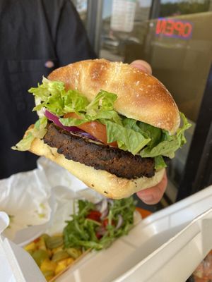 Black bean burger with spicy Mayo  at Plant Power Cafe & Juice Bar in Chattanooga