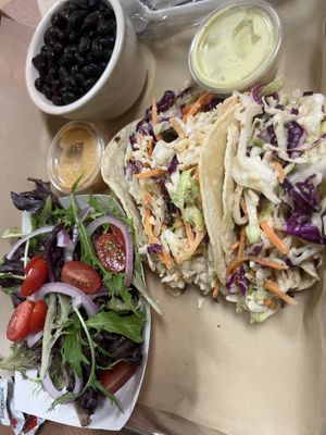 Fish tacos - honestly, we had to inquire upon receiving these. It looked like crumbled black bean mixture. Not even remotely like “fish”. But she confirmed it was.   at Plant Power Cafe & Juice Bar in Chattanooga