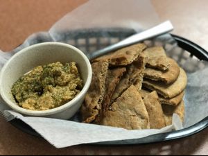 Pita chip and hummus appetizer.  at Plant Power Cafe & Juice Bar in Chattanooga