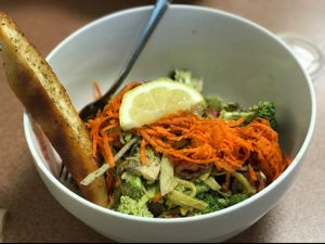 Raw zucchini noodle bowl with creamy pesto sauce.  at Plant Power Cafe & Juice Bar in Chattanooga