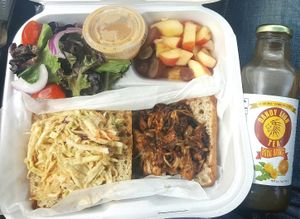 BBQ Jack Fruit Sandwich, fruit & salad at Plant Power Cafe & Juice Bar in Chattanooga