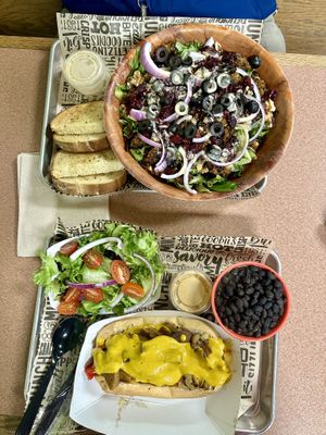 Philly Sub, Black Beans and Rice; Black Bean Crumble Salad    at Plant Power Cafe & Juice Bar in Chattanooga