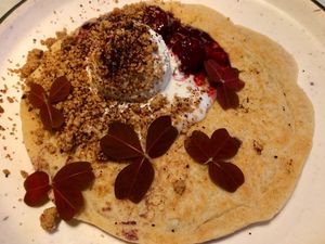 Blueberry pancake with coconut ice cream at Acacia in Frederiksberg