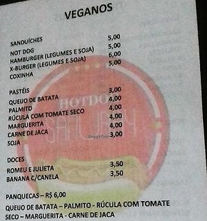 Vegan menu at Hot Dog do Samuray in Joao Pessoa