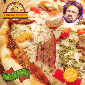 "oh how yummy this pizza is!!"  Words of Peter Dinklage himself in this picture. I would trust him :P

PIZZA PETER DINKLAGE:  crust that is moist and crispy, tomatoes sauce, soft mozzarella made from oat milk, tasty vegan bacon, fresh onions and red pepper ñam! :) try it! —  at Pizzas Veganas Chimi in La Plata