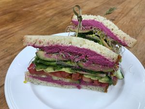Beets Me Veg Sandwich
House-made beet hummus, fresh veggies and grilled zucchini. mmmmm at Cocobeans in Winnipeg