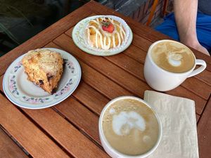 Blackberry scone, strawberry cheesecake danish, soy lattes at Shoofly in Portland