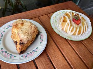Blackberry scone, strawberry cheesecake danish, soy lattes at Shoofly in Portland
