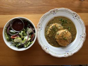 side salad with biscuits and gravy  at Shoofly in Portland
