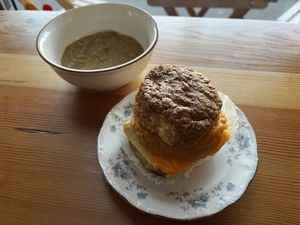 breakfast sandwich with a side of gravy  at Shoofly in Portland