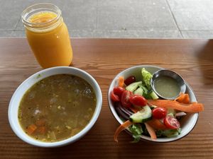 orange juice, soup, and a salad  at Shoofly in Portland