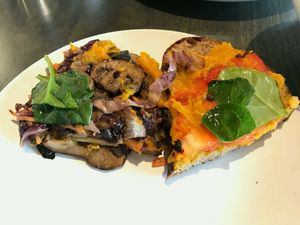 The Sasquash: Butternut squash hummus, roasted veggies and fresh greens on 4 grain sourdough  at Field & Fire Cafe in Grand Rapids