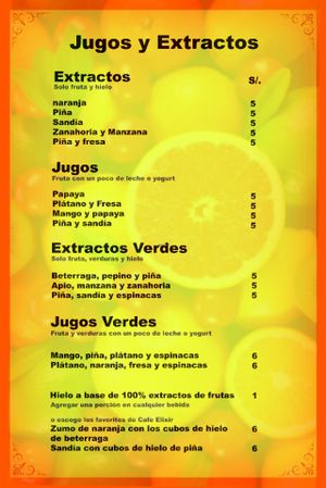 Cafe Elixir Menu for juices and smoothies, in Spanish at Elixir Restaurante Pucallpa in Pucallpa