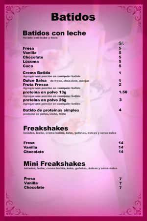 Cafe Elixir Menu for shakes, in Spanish at Elixir Restaurante Pucallpa in Pucallpa