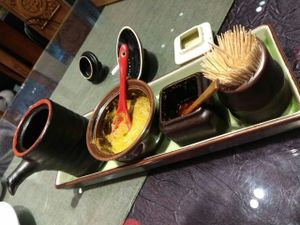 Condiments on every table at Vegetarian Dumpling in Beijing