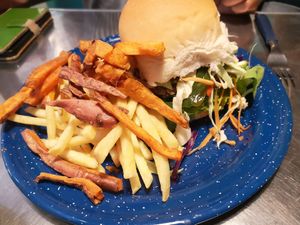 Lentil Burger with fries at Bulebar in Montevideo
