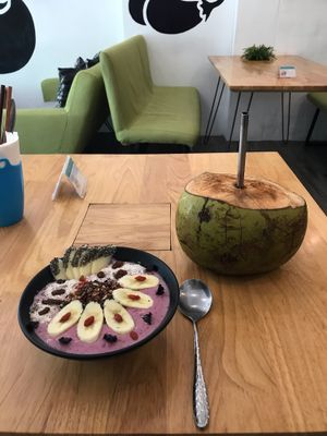 Fresh coconut and acai smoothie  at Nourish Cafe in Yangon